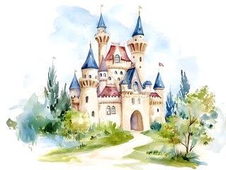 A watercolor illustration of a fairy castle on a white background