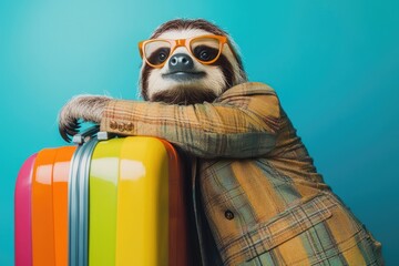 Naklejka premium Adorable Sloth in Stylish Suit with Sunglasses Posing Next to a Colorful Suitcase Against Bright Blue Background for Travel or Vacation Themes