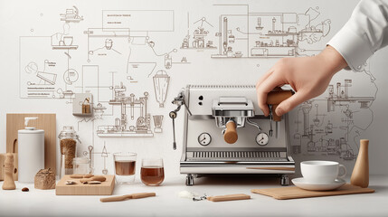 barista expertly operates espresso machine, showcasing art of coffee making. warm atmosphere is enhanced by wooden elements and stylish backdrop