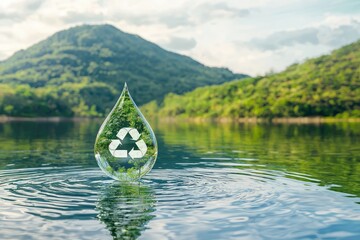 Transparent water droplet with a recycling symbol reflects nature's beauty in a serene landscape, emphasizing sustainability and eco-friendly concepts in environmental conservation.
