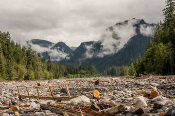 Log Bridge Over Carbon River Looks Out To The Clouds Wisping Around Mountains At The Base Of Mount...