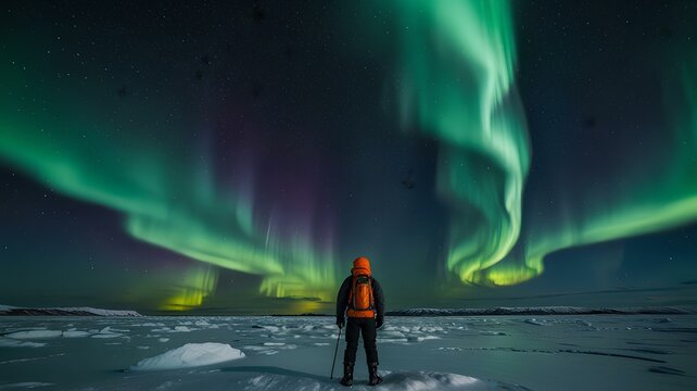 An adventurer in polar gear standing on an icy field, witnessing the Northern Lights. Northern Lights, polar exploration, icy landscape, Arctic adventure, aurora borealis.