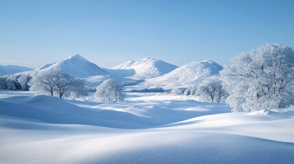 Obraz premium Winter landscape of snow-covered mountains under a clear sky, style landscape