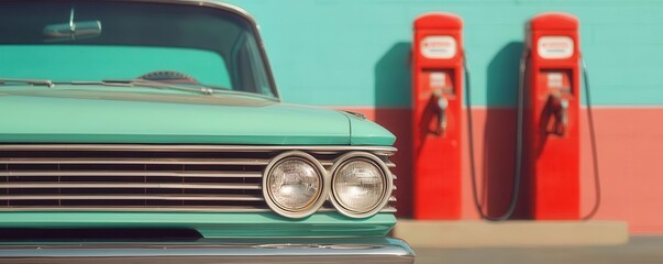 Classic Car and Retro Gas Station Old car parked beside vintage gas pumps, nostalgic Americana vibe