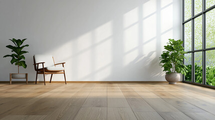 Modern living room with sunlight streaming through large windows, featuring wooden flooring, potted plants, and minimalist furniture, creating serene atmosphere
