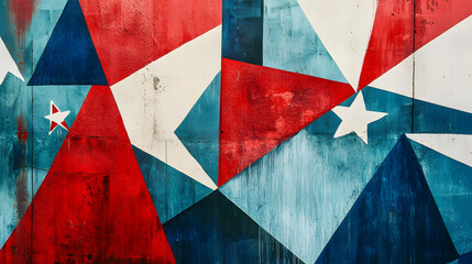 Fototapeta premium Abstract red and blue geometric shapes with white star motifs and artistic design.