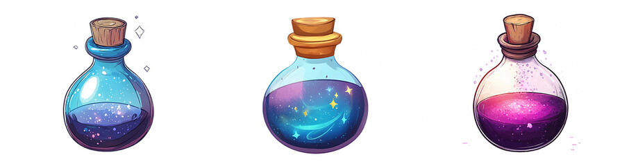 Magical Potions in Glass Bottles with Cork Stoppers, Sparkling Liquids and Mystical Elements for Fantasy, Alchemy, and Creative Designs