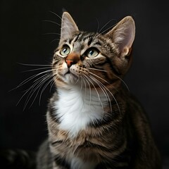 Naklejka premium A calm yet alert cat with long whiskers, perked ears, and a slightly open mouth, set against a black background.
