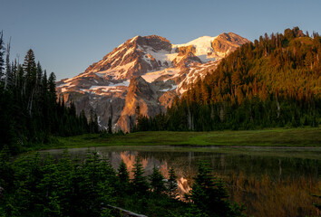 Mount Rainier Glows Orange In Late Evening Light Over Klapatche Park