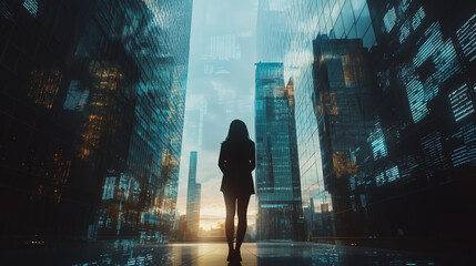 Fototapeta premium Abstract business woman stands on the peak of success amid tall, innovative Smart city and graphs with statistics to analyze business potential and predict future developments in company growth.