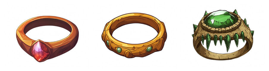Collection of Three Unique Fantasy Rings Featuring Distinct Designs, Vivid Colors, and Intricate Details Ideal for Use in Illustrations, Games, or Creative Projects