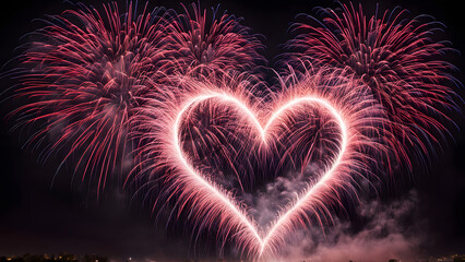 A cascade of fireworks in the shape of a heart celebrating love at midnight on new years evening, Ai Generated