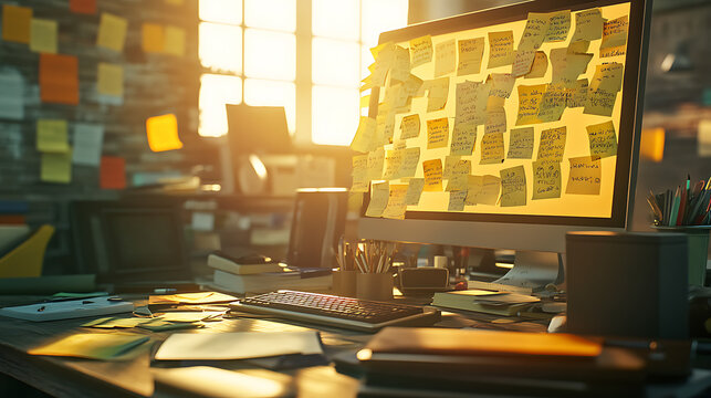 Sticky note reminder on office desk, early morning light, organized chaos, 8k, hyper realistic, real life based. 