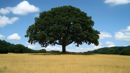 Obraz premium A single, large oak tree stands tall in a field of dry grass, with a blue sky and white clouds overhead.
