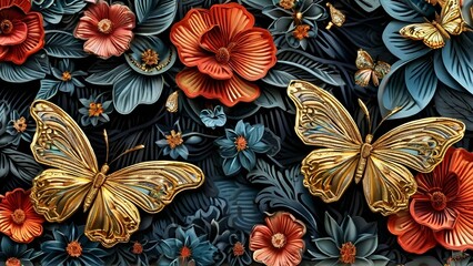 Fototapeta premium Vibrant Red and Black Flower Pattern with Butterflies in Orange, Black, and Gold on a Bold Dark Blue Background for Elegant Textiles.