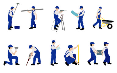 construction worker at work in different poses with tools