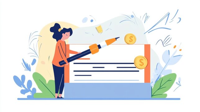 woman writing check with pen and coins clip art preview