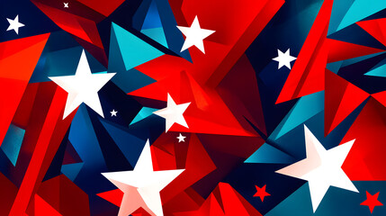 Obraz premium Abstract red and blue geometric shapes with white star motifs and artistic design.