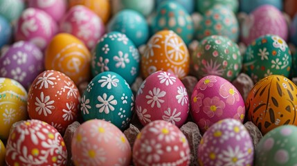 Obraz premium A close-up shot of a carton of brightly colored Easter eggs, each decorated with intricate floral patterns. The vibrant hues and delicate design