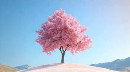 A single, pink, cherry blossom tree stands on a hill against a blue sky.