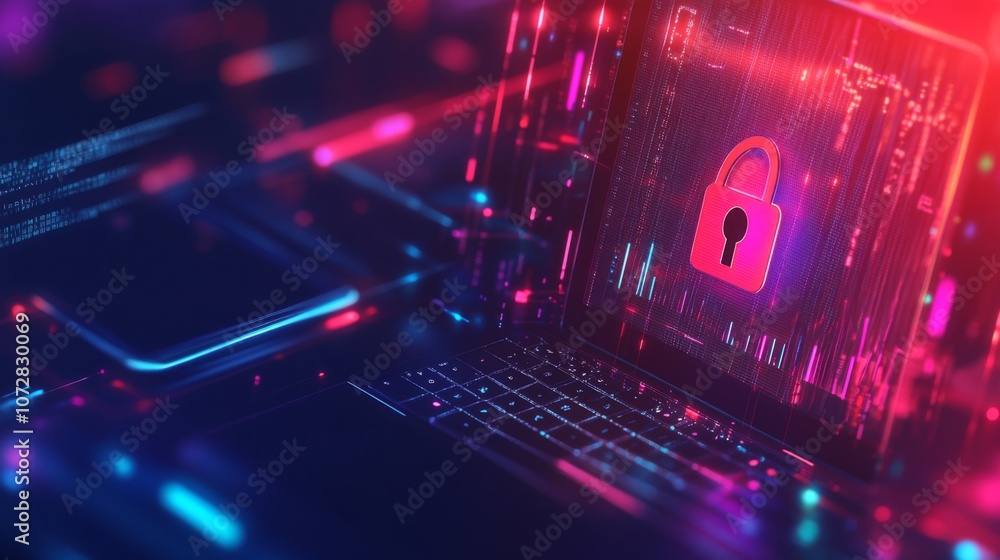 Poster cybersecurity in banking : a laptop or smartphone with a lock icon hovering over it, representing cy