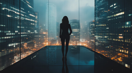 Fototapeta premium Abstract business woman stands on the peak of success amid tall, innovative Smart city and graphs with statistics to analyze business potential and predict future developments in company growth.