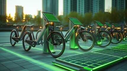 A network of sleek electric bicycles parked at a solar-powered charging station in a clean, modern city. 