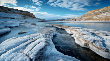 Obraz premium serene winter landscape featuring icy rocks and calm river under clear blue sky