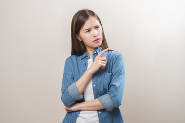 Portrait of face expression stress, asian young woman, confused girl standing pose looking camera...