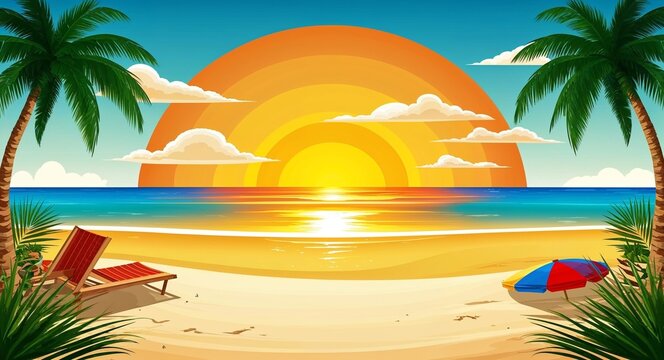 Golden sunset beach scene and theme in illustration background