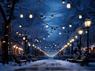 Obraz premium A Serene Winter Wonderland: Snow-Covered City Street with Ornate Architecture, Warm Streetlights, and a Majestic Tree Adorned with White Lights.