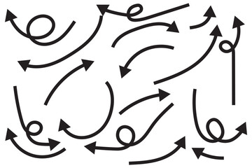 Arrow vector hand drawn sketch icon set. Doodle sketch hand drawn direction element set. Pencil doodle flat line design cartoon elements. Scribble swirl arrow sign. Vector illustration