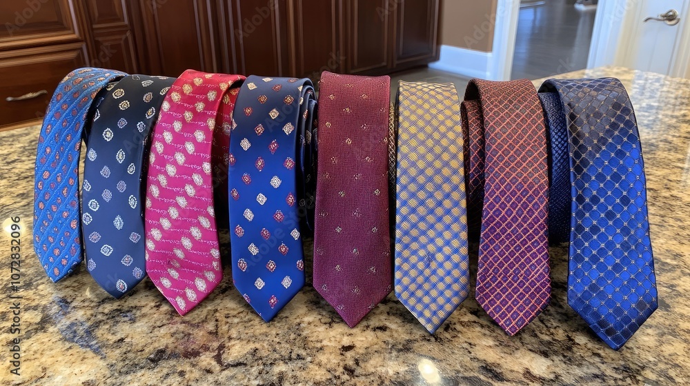Poster display of elegant ties in various colors and patterns
