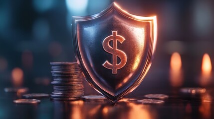 Financial Shield Against Crisis : A strong shield with a dollar sign on it, protecting a stack of coins, representing financial resilience and protection against economic crises