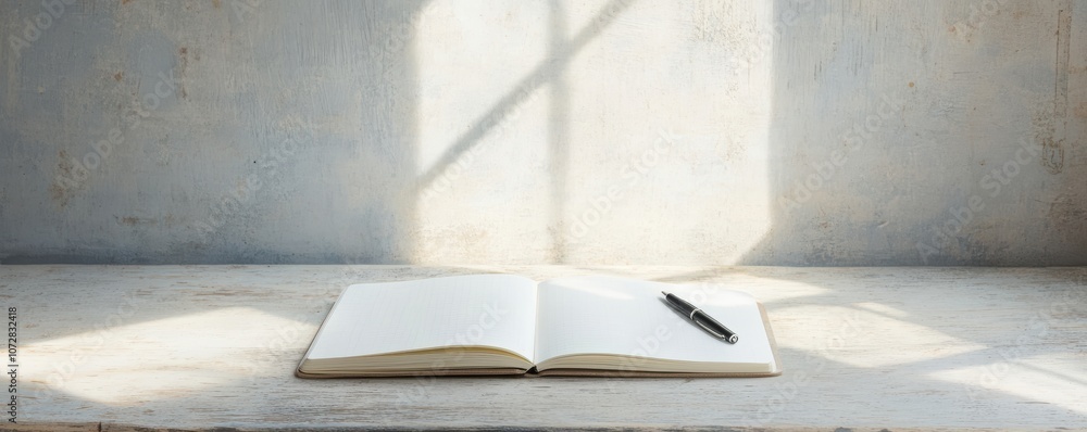 Poster a blank notebook and pen on a rustic table bathed in natural light, suggesting a quiet space for cre