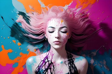 Obraz premium illustration of a beautiful young woman covered in vibrant bright paint splatters, drips, colorful, abstract, art, portrait, beauty, creativity, splashes, bold, artistic, makeup, expression, modern