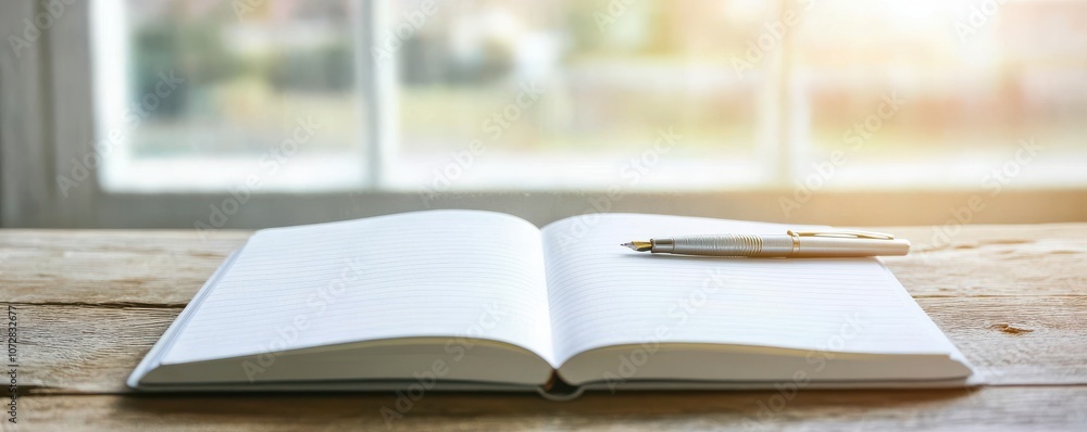 Poster an open notebook with a pen rests on a wooden table, illuminated by soft sunlight filtering through 