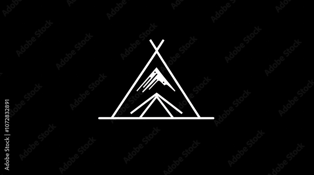 Poster minimalist line art logo of a tent with mountain peak using geometric shapes and negative space. mod