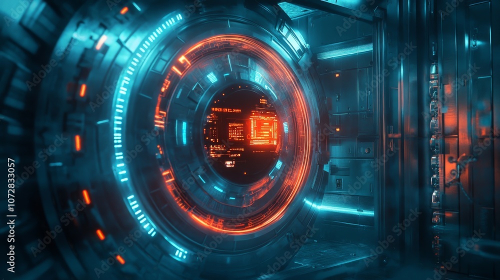 Poster secure financial technology : a futuristic vault door with digital interface controls, symbolizing t