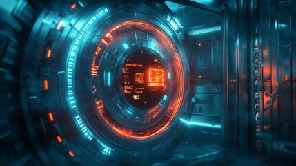 Secure Financial Technology : A futuristic vault door with digital interface controls, symbolizing the concept of high-tech secure finance