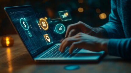 Personal Wealth Management Security : A person confidently managing money on a laptop with secure icons around, representing digital wealth management and safe personal finances