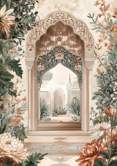 beautiful archway with flowers for wedding invitation, wedding backdrops, islamic