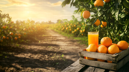  glass of orange juice and oranges on a table,still life of ripe appetizing yellow orange and orange  juice in glass on table in orange garden background with healthy food concept and testy refreshing