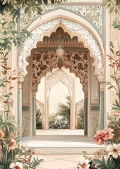 beautiful archway with flowers for wedding invitation, wedding backdrops, arabic arch, morocco