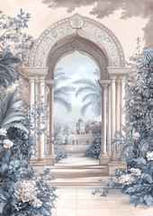 beautiful archway with flowers for wedding invitation, wedding backdrops, arabic arch