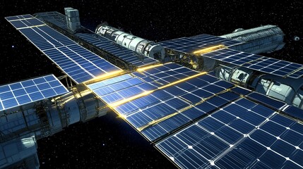 Solar panels positioned on a futuristic space station, capturing sunlight in orbit. The panels glow brightly as they convert solar energy into electricity, with streams of energy powering the station