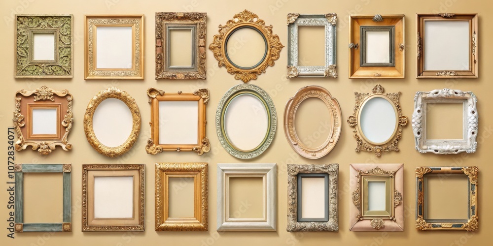 Poster a collection of ornate gold picture frames with varying shapes and sizes, arranged against a neutral