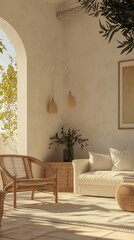 Serene minimalist living space with natural textures and warm sunlight, creating a peaceful retreat.