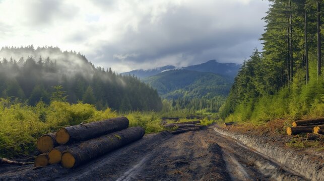 A carefully managed forest where selective logging is balanced with conservation efforts, leaving large sections of forest intact. Nearby areas are reforested with native species