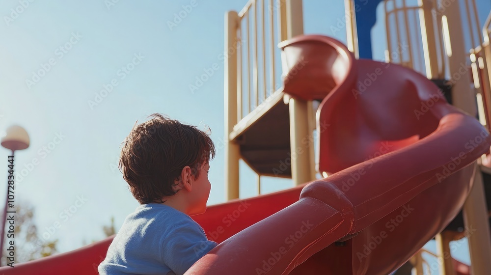 Poster child enjoying fun day at colorful playground slide